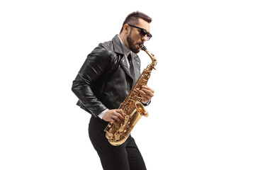 Fototapeta premium Man in a leather jacket playing a saxophone