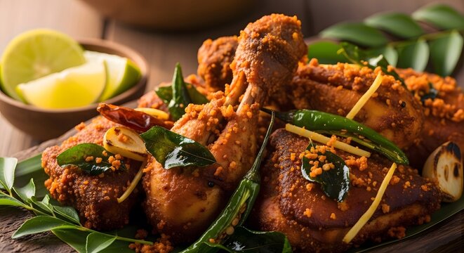 Spicy chicken fry with curry leaves and lemon on a plate Food Photography