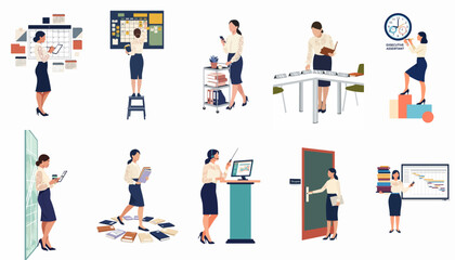 Fototapeta premium Set of illustrations showing a professional executive assistant performing various daily office tasks like scheduling, organizing meetings, and managing documents in flat style.