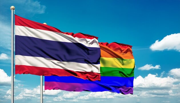 thailand flag and pride flag waving on blue sky background