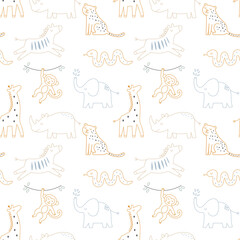 Fototapeta premium Seamless pattern with safari animals including elephant giraffe zebra rhino and monkey on white background