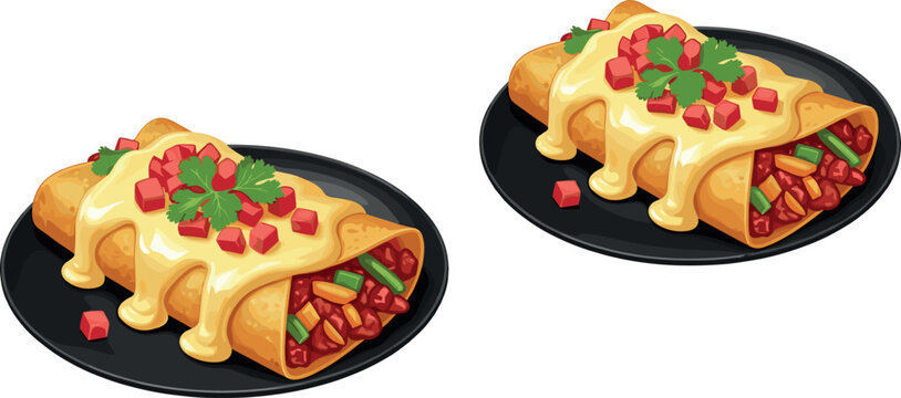 Mouthwatering Enchiladas with Cheese, Salsa, Vegetables, and Cilantro for Mexican Cuisine, Food Illustration, and Culinary