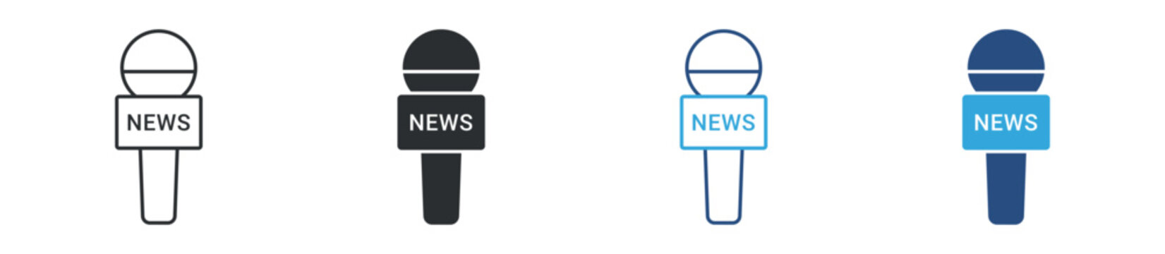 News microphone icon set. Journalism and media concept. Reporter mic symbol in line, glyph and colored styles. Vector illustration.