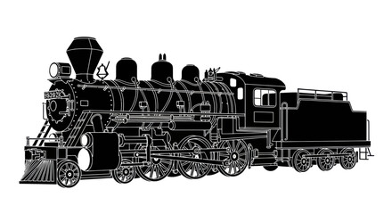 Vintage Steam Locomotive Silhouette, Old Train, Black and White © nia