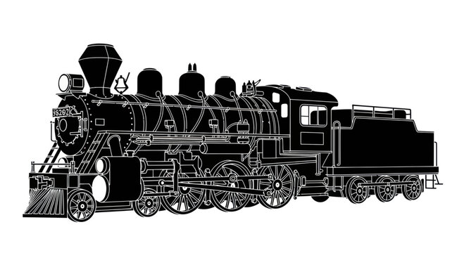Vintage Steam Locomotive Silhouette, Old Train, Black and White