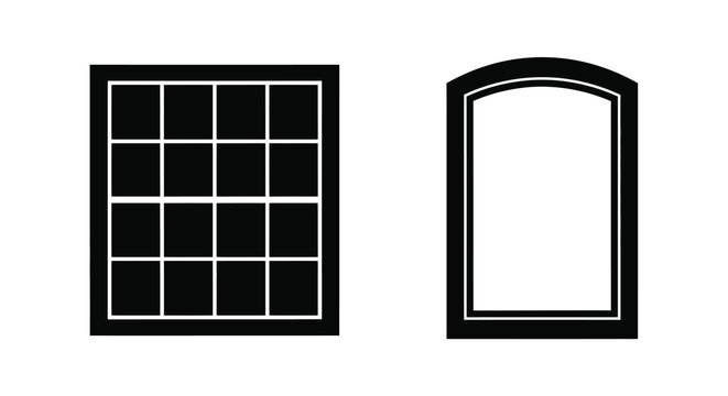Two window frame silhouettes rectangular and arched on white background silhouette