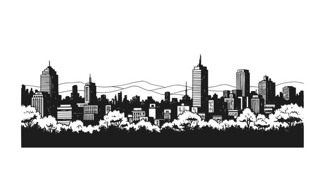 Silhouette of city skyline with tall buildings and trees
