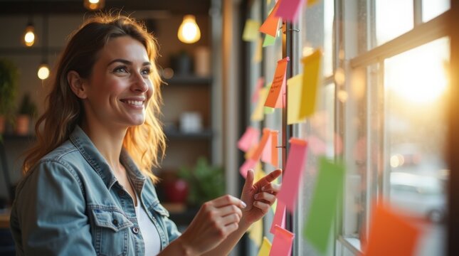 Una mujer joven genera ideas para un proyecto con notas adhesivas de varios colores