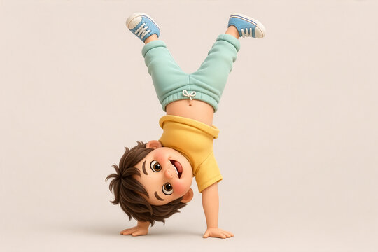 3D cartoon child performing a one‑handed acrobatic handstand in a yellow shirt and teal pants, captured in a dynamic athletic pose on a clean light background.