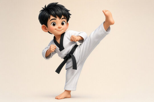 3D cartoon child performing a high martial arts kick in a white gi with a black belt, shown in a dynamic action pose on a clean light background.