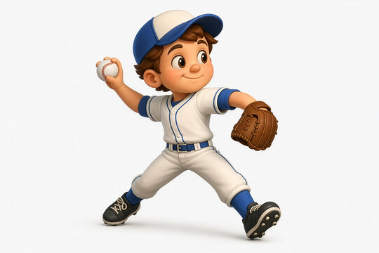 3D cartoon child in a white and blue baseball uniform pitching a ball, shown in a dynamic action pose on a clean white background.