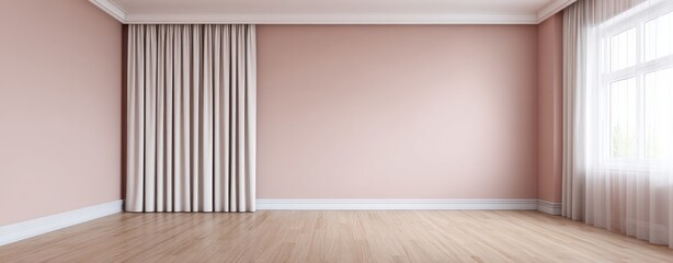 Fototapeta premium Empty living room interior with soft pink walls wooden floor and white curtains in daylight creating calm airy atmosphere and modern minimalist home decor concept