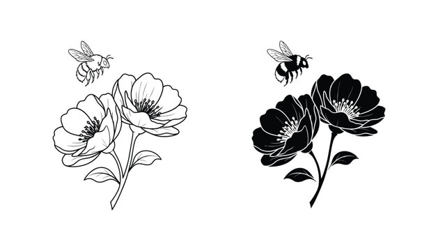 Beautiful blooming flowers with flying bumblebee vector illustration set featuring intricate outline and solid black silhouette designs for botanical art
