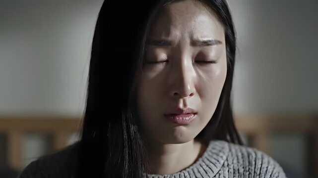Worried Asian woman experiencing financial stress and anxiety due to economic downturn and market volatility