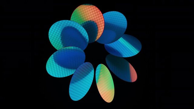 Abstract semiconductor wafer circle animation loop with alpha channel, colorful silicon discs arranged in radial pattern, microchip texture isolated on transparent background