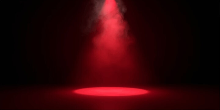 A vibrant motion design illustration featuring a bright red spotlight ray glowing against a dark black backdrop with a flash of fire and star-like lights