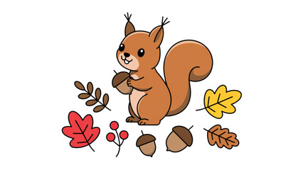 Cute cartoon squirrel holding acorn with autumn leaves and nuts Vector © MST REZIA