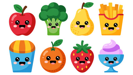 Naklejka premium Colorful cartoon fruits and vegetables with happy faces in a playful style Vector