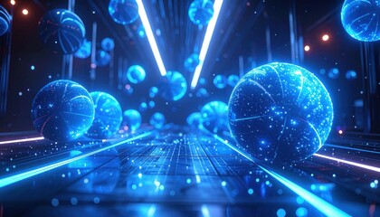Obraz premium Futuristic Blue Glowing Spheres and Neon Lights.