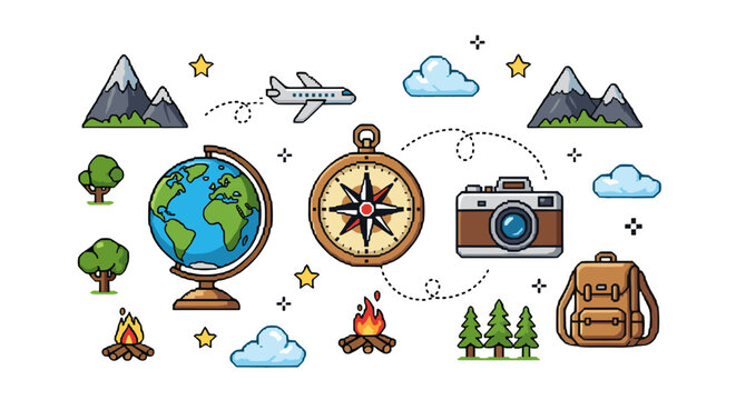 Collection of outdoor adventure and travel icons