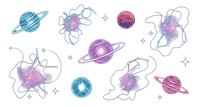 Collection of colorful illustrations of atomic models