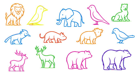 Naklejka premium Collection of colorful line art animals