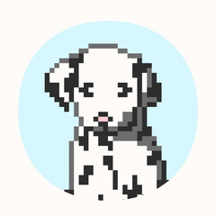 Fototapeta premium Cute Dalmatian puppy sitting in puddle, pixel art style, black and white spotted dog illustration