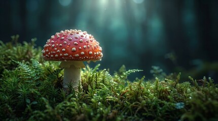 Fototapeta premium Magical Red Mushroom with White Spots in Green Moss