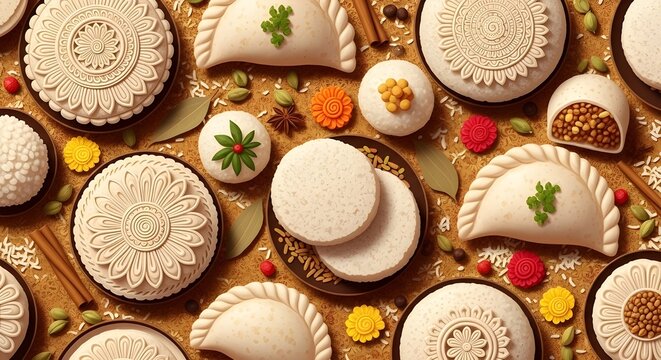  Assortment of traditional Bangladeshi pitha rice cakes, top view food flatlay with spices and ingredients