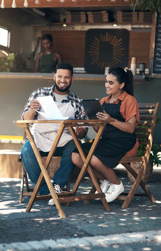 Smile, team and tablet with people in restaurant for small business, menu planning and startup. Entrepreneur, cafe shift roster and hospitality with man and woman at coffee shop for catering app