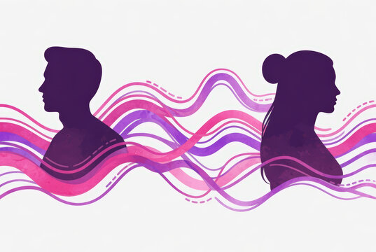 Silhouette di uomo e donna con onde di energia viola e rosa su sfondo bianco