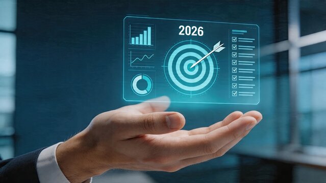 Business man holding hologram future planning interface target strategy with arrow in bullseye data chart graph pie circle checklist on screen digital technology innovation for