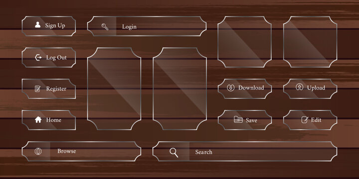 Advanced UI Dashboard Elements with Neon Glass Effect on Wood Texture