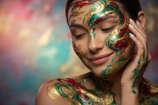 Ritratto di donna con body paint artistico in oro, verde e rosso