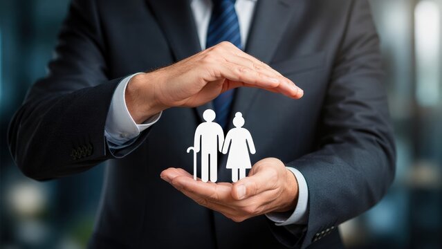 Businessman shielding paper elderly couple cutout with hands represents financial security retirement planning and dedicated life insurance protection for senior citizens
