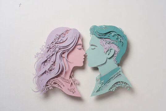 Coppia romantica in stile papercut art 3D con profili delicati in colori pastello