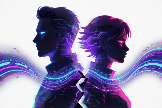 Silhouette di coppia cyber in stile futuristico con circuiti luminosi e neon