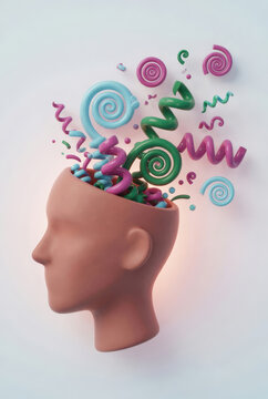 Creativit&agrave; esplosiva: busto di testa aperta con spirali colorate 3D