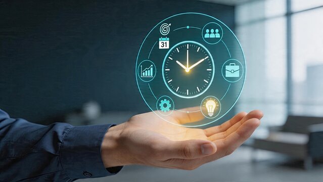 Businessman holding holographic clock interface with icons representing time management strategy planning and goal setting concept in modern office workspace technology innovation