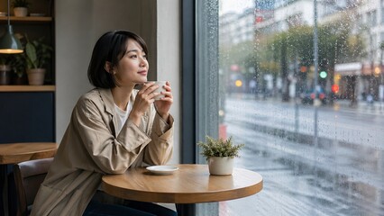 Fototapeta premium 비 오는 날 창가에서 커피를 마시는 젊은 여성