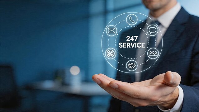 Businessman holding hologram interface with 247 customer service support icons technology concept for modern corporate client care systems and global connectivity solutions