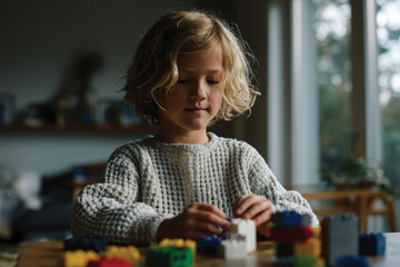 Naklejka premium A young child is focused on building creatively with colorful blocks, showcasing imagination and concentration in a bright indoor space filled with natural light.