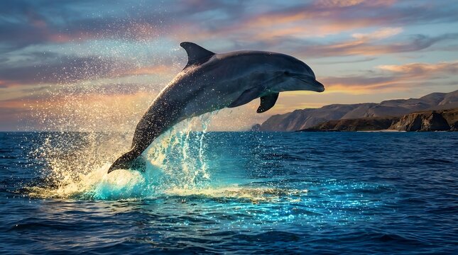 Dolphin jumps out of clear blue ocean water against beautiful sunset sky.