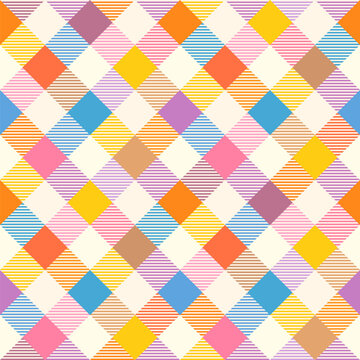 Colorful Retro Diagonal Stripes Check Vector Seamless Pattern, Cute Multicolor Geometric Background for Festa Junina Festival and Kids Birthday Party Designs