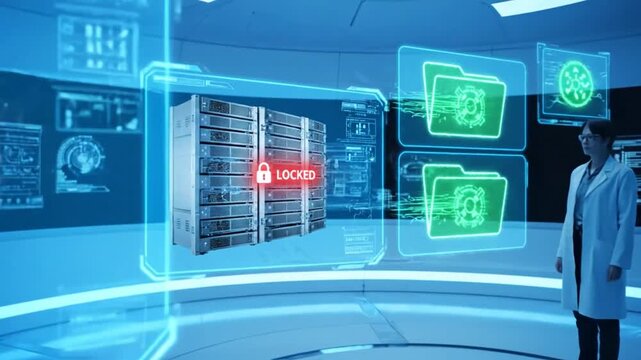 A scientist views secured server in a futuristic laboratory setting with screens