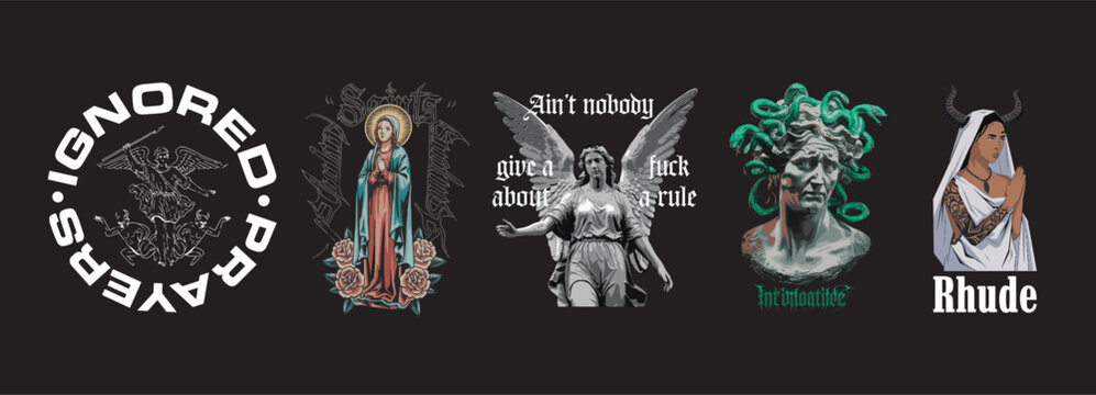 Angel and Demon Combat Vector Illustration, Biblical Warfare Streetwear Design, Archangel Michael Defeating Devils, Circular Religious Graphic for T-Shirt, Vintage Gothic Apparel Art, Vector EPS.