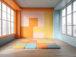 Fototapeta premium Bright room with orange, yellow, and blue geometric wall patterns. Large windows let natural light fill the space. Colorful mats lie neatly on wooden floor. Modern ceiling lights hang overhead