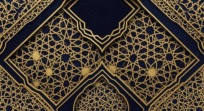 Geometric golden arabic calligraphy pattern on black background