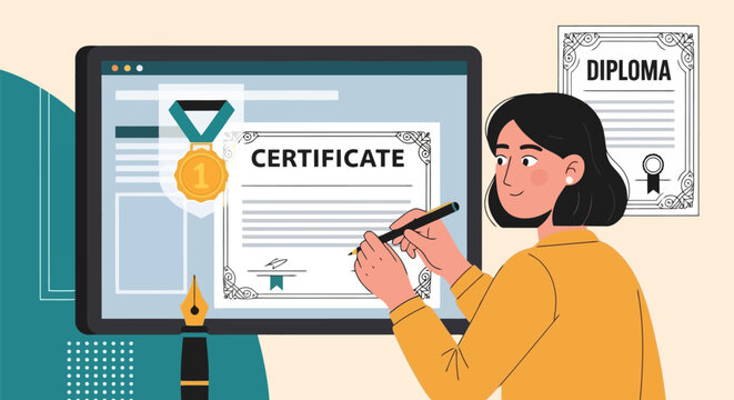 Woman signing online certificate on computer screen with diploma in background.
