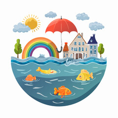 Obraz premium Flooded Town with Fish and Rainbow Under Umbrella